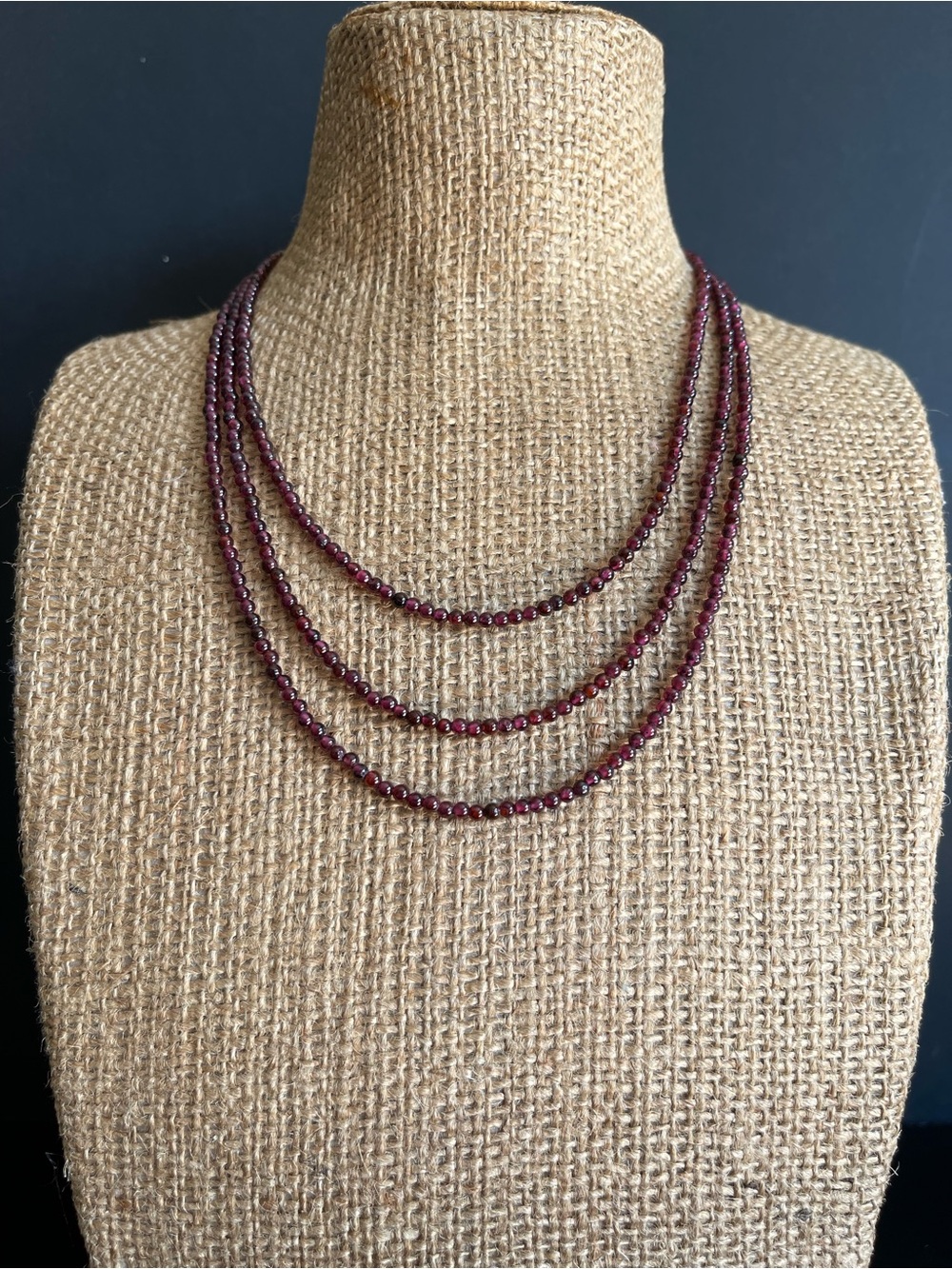 New Three-Strand genuine Garnet Bead Necklace.